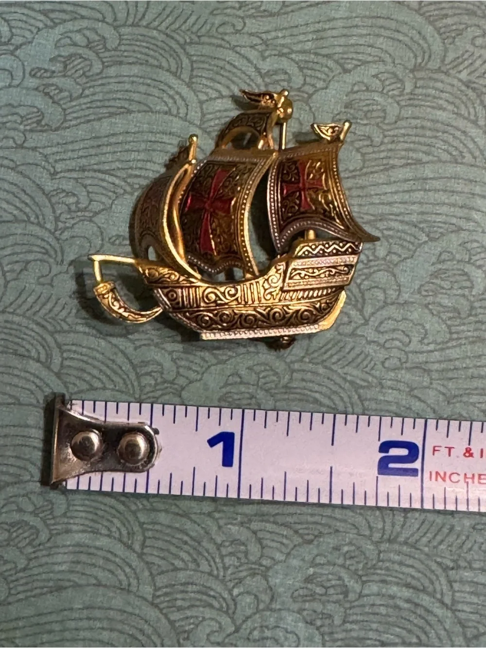 VINTAGE DAMASCENE SHIP BROOCH